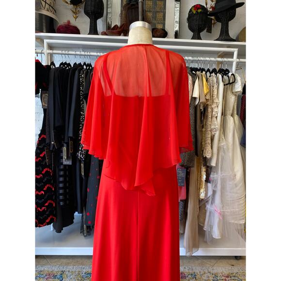 vintage 1970s red maxi dress with rhinestones and chiffon cape, s/m, mod holiday - Picture 10 of 10
